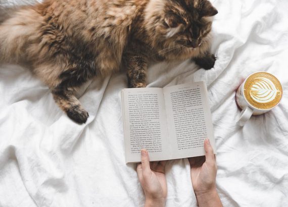 girl reading a book with the cat